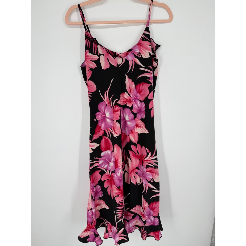 Mlle Gabrielle Floral Slip Dress Womens 10P Black Pink Tropical Ruffle Petite - Picture 6 of 7